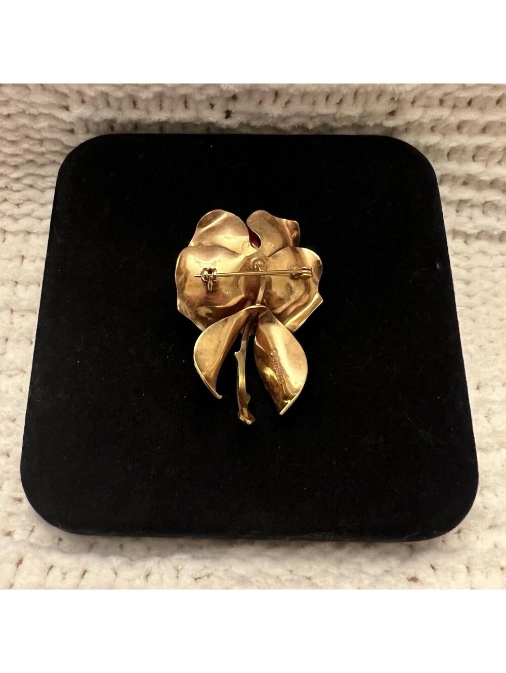 Giovanni Antonio Cerrito Vintage Red Satin Single Rose Brooch Pin 2", Gold Tone - Picture 3 of 4